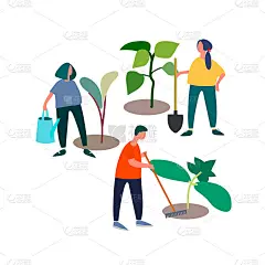 人们种植和照顾幼苗矢量插图。春季和初夏的工作理念