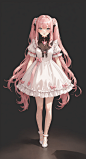 00060-179201274-1girl, solo, long Pink hair, White skirt,monochrome, dress, very long hair, bow, full body, bangs, shoes, white background, two