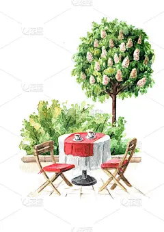 夏天的城市街头咖啡馆，水彩手绘插图，孤立在白色的背景