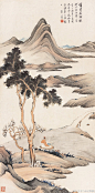 #大风堂画派#【 张大千 《读书秋树根》 】立轴，纸本设色，133.7×66.3cm，1926年作。 款识：“读书秋树根。仿元唐子华法写之。丙寅十一月晴天奇冷，砚水生冰冻，笔不复能工，张爰。”