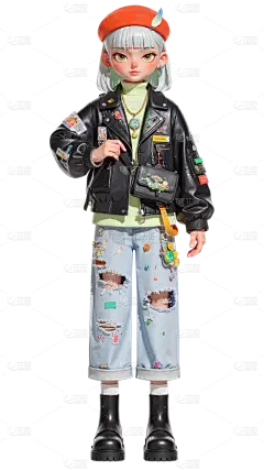 人物系列3D感赛博朋克短发少女背斜挎包元素