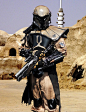 Mandalorian Mercenary on a Desert Planet in the Star Wars Universe: 