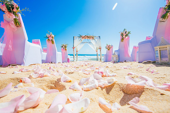 沙滩婚礼,花瓣路引,