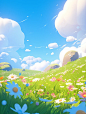 3D illustration of a cute grassland with many flowers, a blue sky and white clouds, a green meadow in spring, a cartoon game scene with a simple background, soft gradient colors and soft light, bright colors and high quality, in the style of artstation. -
