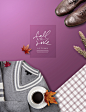 暖暖 皮鞋毛衣 枫叶咖啡 紫色花束 爱情海报设计PSD d210t001432