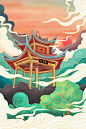 古风国潮中式山水建筑名胜旅行场景手绘插画海报PSD素材 – 优创社