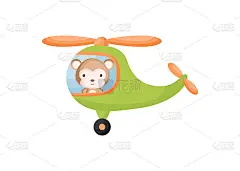 可爱的小猴子飞行员在绿色直升机。卡通人物适用于儿童书籍，相册，婴儿送礼会，贺卡，派对邀请，室内装潢。