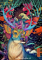浮世绘风格的插画
描绘自然与东亚神话的动态场景 
中国深圳艺术家 RLoN Wang ​ ​​​​