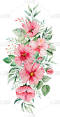 水彩粉花和绿叶花束插图