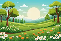 春意大树春天绿树小草植物春景插画背景图