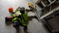 急救，双手开始按压- 30次，救生和救援方法。在工厂控制室发生的电工工作或维修人员工作事故。
