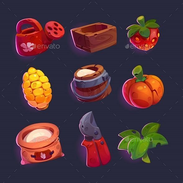 Set of game icons gardening and farm elements