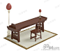 中式复古米色软垫棕色实木长方形镂雕翘头案红色落地灯太师椅桌椅组合