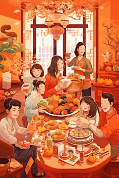 新年主题龙年除夕夜年夜饭插画