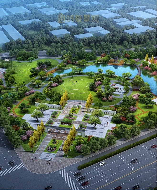 休闲公园广场入口景观设计鸟瞰psd效果图公园景观鸟瞰ps植物素材-淘宝网-花瓣网