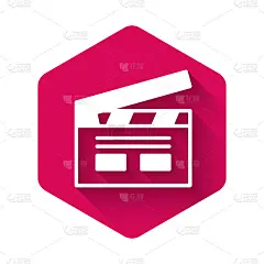 白色的印度宝莱坞电影图标孤立与长影子。电影唠唠叨叨的。电影合板。电影制作或媒体产业。粉红色的六角按钮