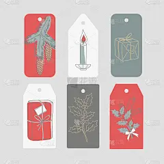 礼品标签设置为圣诞节和冬季假期线性设计元素