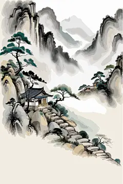 水墨山峰松树插画