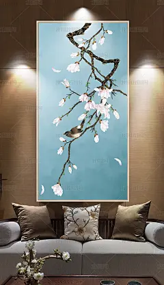 玉兰手绘工笔花鸟新中式玄关背景墙装饰画