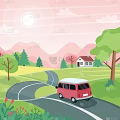 春天的客场之旅。风景和可爱的车在路上。矢量插图在平面风格