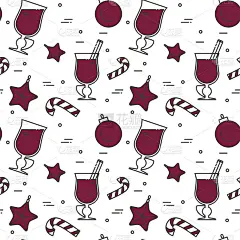冬红酒无缝图案平面线条艺术风格