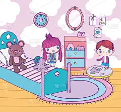 动漫可爱的女孩和男孩在卧室与玩具桌面镜子地毯