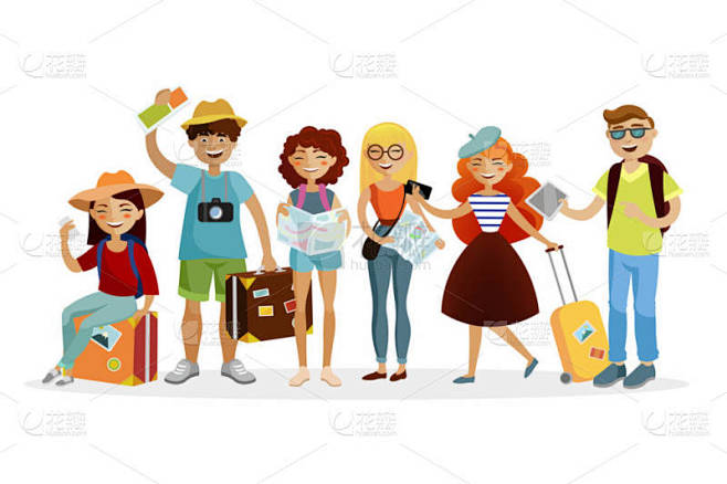 一群游客卡通人物的矢量平面图。年轻有趣的人与手提箱一起旅行.