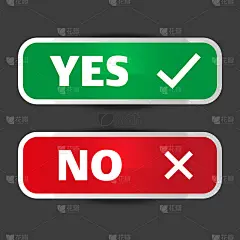 是和否或右图标与勾选标记和X符号与阴影在绿色和红色圆圈。矢量图像。