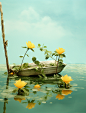 the water is blue and the leaves are flower, in the style of nostalgic surrealism, yellow and green, minimalist backgrounds, daz3d, pastoral charm, photographic montage, romantic and nostalgic themes