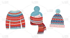 圣诞插图，冬季图案元素。 汗衫，戴着围巾的女孩，编织的帽子