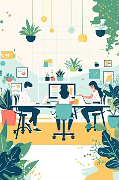 AI数字艺术扁平风企业办公室团队协作场景插画