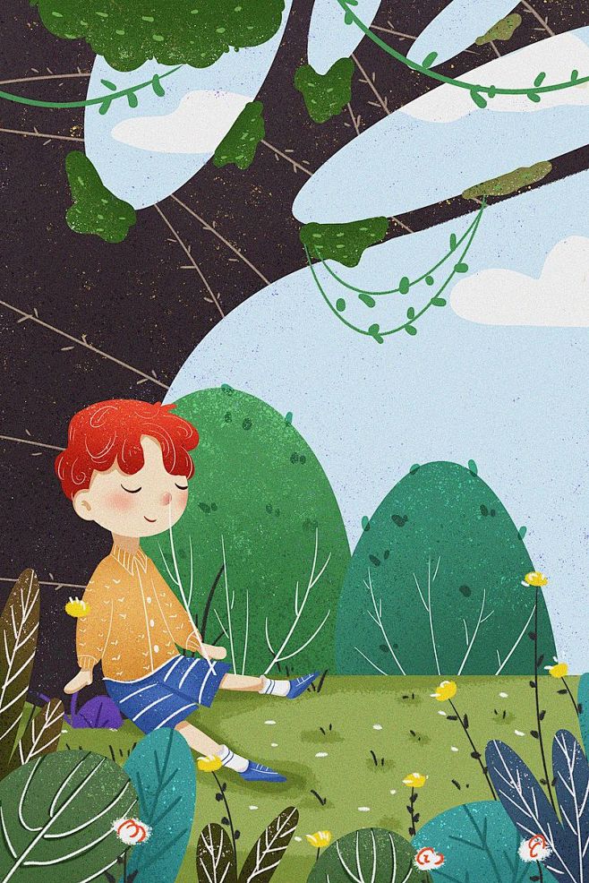 二月你好森林绿色卡通人物男孩扁平插画