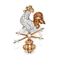 图一为卡地亚动物系列高级珠宝。这一款精致而动人的母鸡胸针创作于1957年，以珍珠贝母、凸纹金、钻石和珊瑚做身体，三颗珍珠做鸡蛋。在电影《摩纳哥王妃》中，也出现了这款胸针的复刻版。