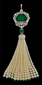 Platinum Carved Emerald, Diamond & Pearls Tassle Pendant - Yafa Jewelry
