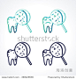 Sad teeth with bacteria and  magnifying glass. Caries. Diagnostics. Transparent overlapping linear vector illustration. Green, blue, turquoise, dark-blue linear tooth sign, symbol, icon, logo