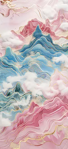 粉蓝配色山峦云海国风壁纸