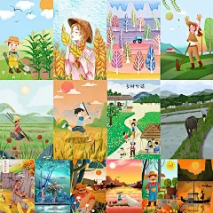 乡村农村秋季秋收农忙丰收生活卡通手绘插画PSD分层素材 H1339