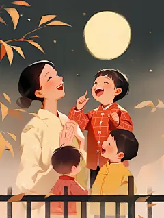 【AI数字艺术】中秋节母亲和孩子赏月闲谈插画下载