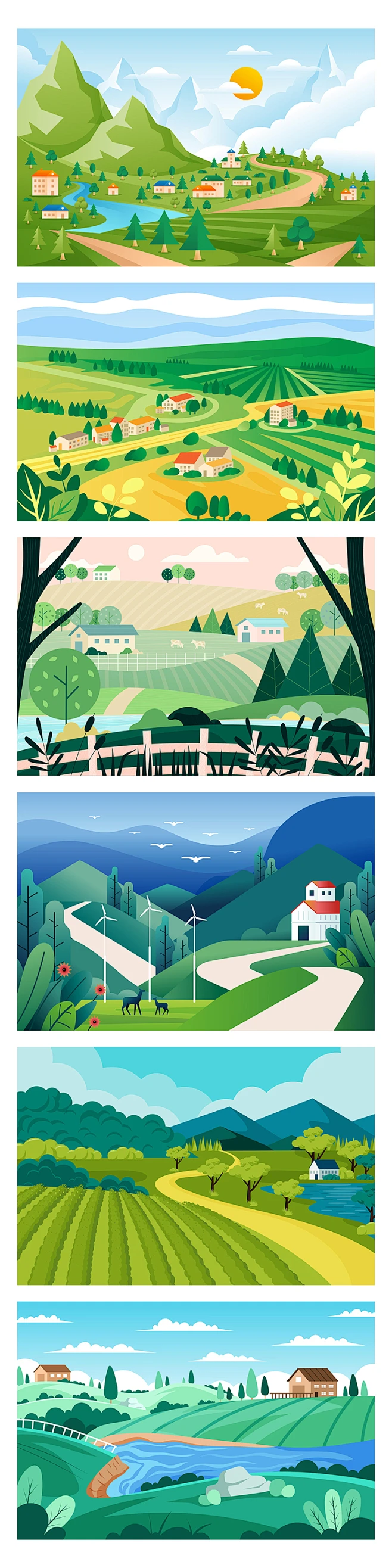 春天自然环境乡村风景扁平插图旅行户外田野森林矢量插画AI-花瓣网