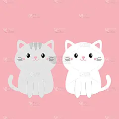 可爱的灰白色小猫小猫套装。可爱卡通人物。笑脸,尾巴。情人节快乐。婴儿贺卡t恤笔记本封面印刷。粉红色的