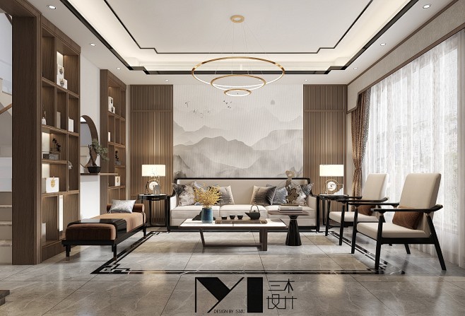 三木效果图表现——新中式客餐厅-室内设计...