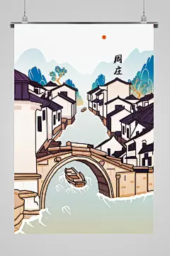 古风建筑风景船只名胜插画