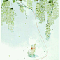 素锦插画 素锦小说封面底图  绿色调  猫