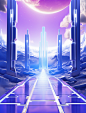 an image that contains blue and purple lines, in the style of sci-fi environments, realistic perspective, animecore, light silver and white, urban signage, spiritual landscape, die brücke