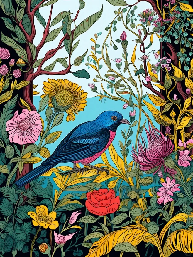 唯美·蓝鸟花园·线描插画