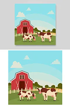 农场草原奶牛牧场种植田野矢量卡通手绘插画