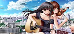 #采集大赛#两个女孩,吉他,小提琴,桌面壁纸