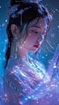 Super cute girl, bioluminescent particle Hanfu, whole body, fluorescent, a holographic particle of light painted Chinese dragon, holographic, diamond luster, bright light, close-up intensity, HD --ar 9:16 --stylize 350 --v 6