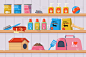 货架与货物在宠物店矢量插图