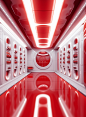 Red shelves , fashion style, wide-angle lens,, deep white and red, realistic color scheme, vibrant illustrations, rendered cinema4d style, lit with red, in Art Deco style, straight line form, filled with light, security camera